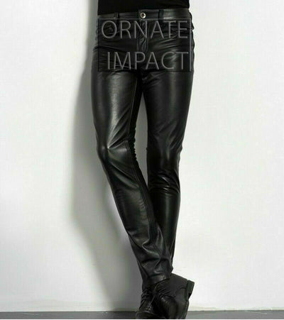 Mens Black Leather Pants 501 Style Biker Motorcycle Pants Trousers Leather Jeans Men