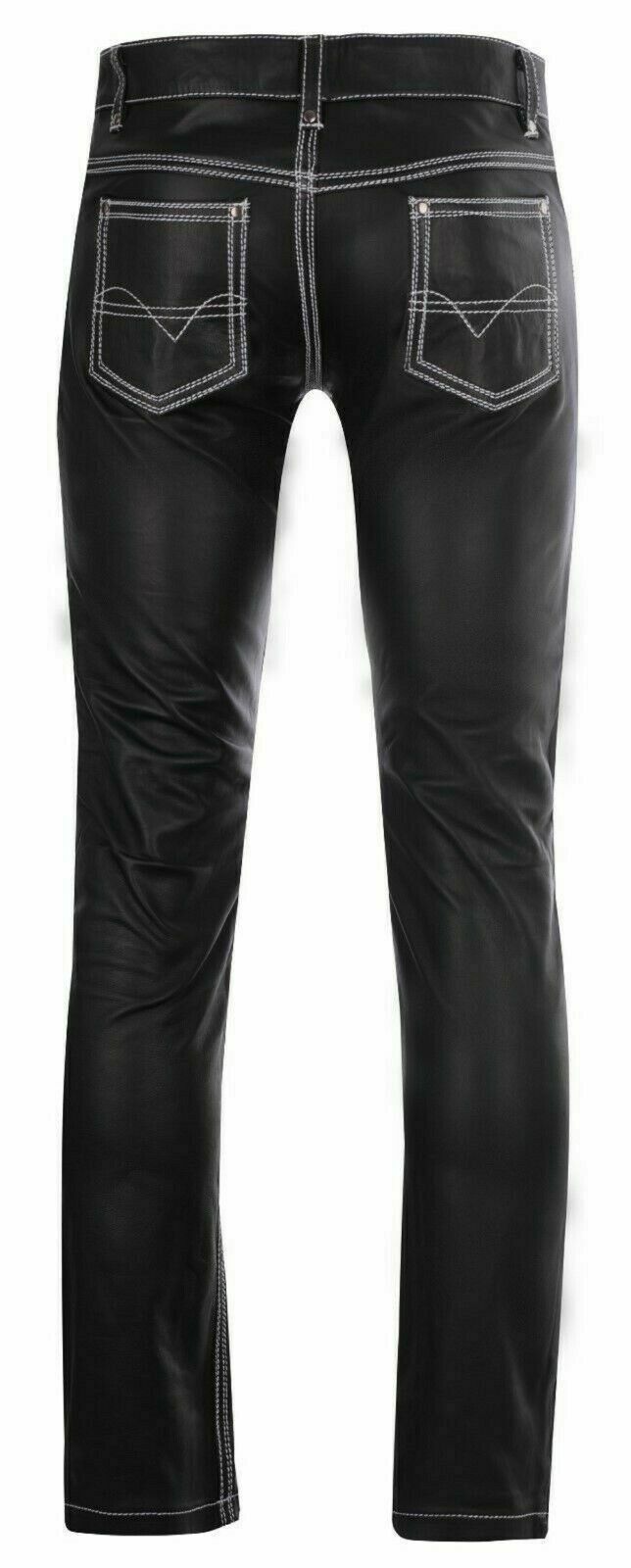 Mens Black Leather Pant 501 Style Biker Motorcycle Pants Trousers Jeans - Ornate Impact