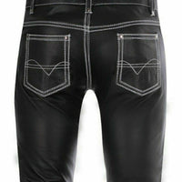 Mens Black Leather Pant 501 Style Biker Motorcycle Pants Trousers Jeans - Ornate Impact