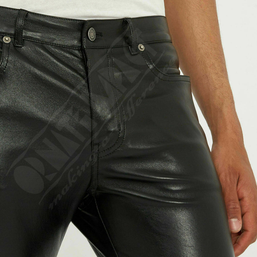 Mens Black Leather Pants 501 Motorcycle Pants Trousers Leather Jeans Men