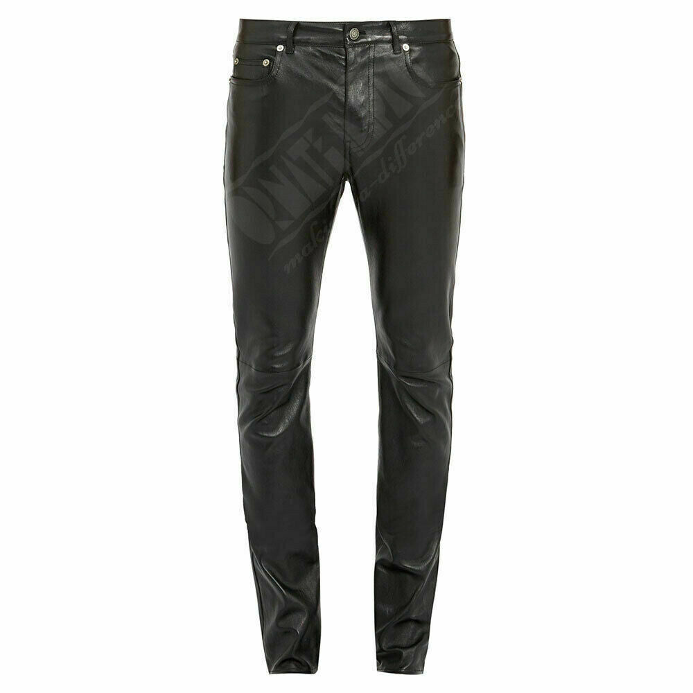 Mens Black Leather Pants 501 Motorcycle Pants Trousers Leather Jeans Men