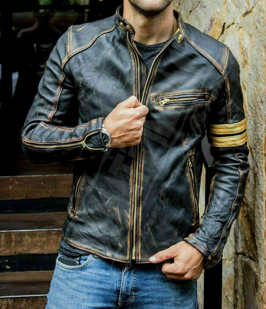 Mens Pure Leather Biker Jacket Motorcycle Tanned Motorbike Leather Moto Jacket