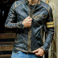 Mens Pure Leather Biker Jacket Motorcycle Tanned Motorbike Leather Moto Jacket