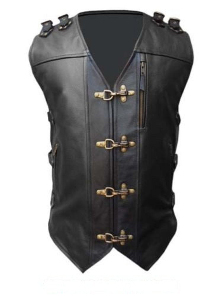 Mens Black Leather Vest Biker Motorbike Vest Motorcycle Vest Waistcoat - Ornate Impact