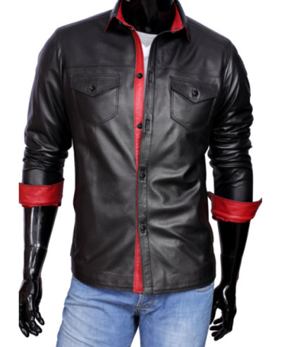 Genuine Black Mens Leather Shirt Full Sleeves Shirt Police Style Black Leather Shirt BLUF GAY