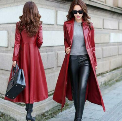 Red Ladies Leather Jacket Trench Coat Steampunk Long Gothic Leather Coat Winter