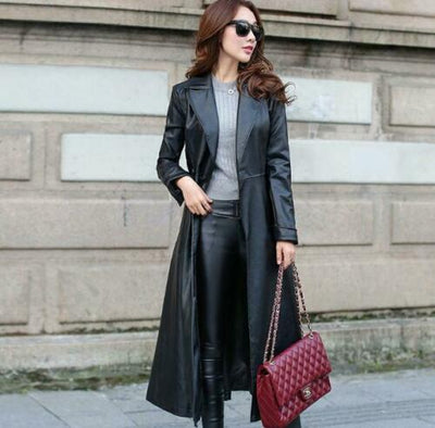 Womens Leather Coat Black Trench Coat Steampunk Long Gothic Coat Winter Ladies Leather Jacket Women