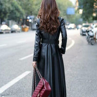 Womens Leather Coat Black Trench Coat Steampunk Long Gothic Coat Winter Ladies Leather Jacket Women