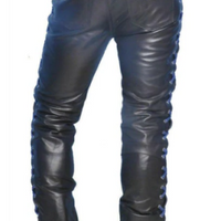 Mens Black Leather Pant Side Laces Pant Biker Motorcycle Trousers Motorbike - Ornate Impact