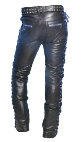 Mens Black Leather Pant Side Laces Pant Biker Motorcycle Trousers Motorbike - Ornate Impact