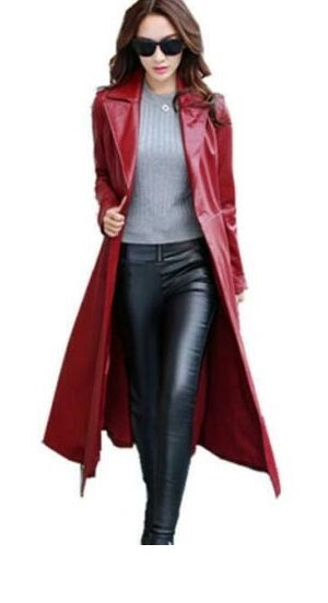 Red Ladies Leather Jacket Trench Coat Steampunk Long Gothic Leather Coat Winter