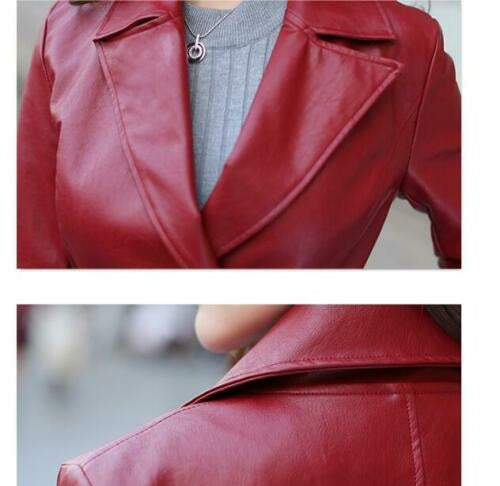 Red Ladies Leather Jacket Trench Coat Steampunk Long Gothic Leather Coat Winter