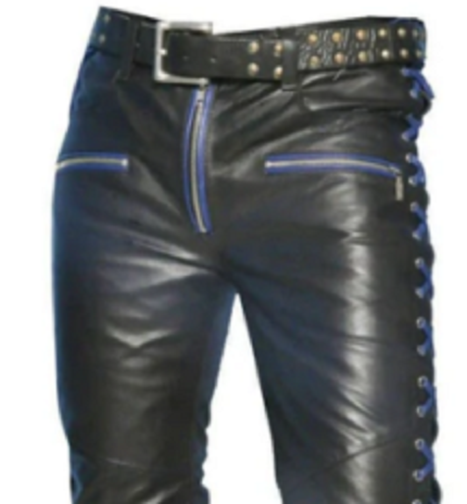 Mens Black Leather Pant Side Laces Pant Biker Motorcycle Trousers Motorbike - Ornate Impact