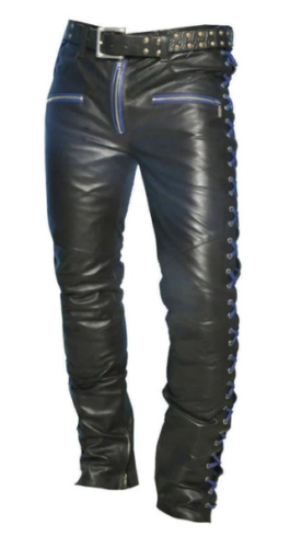 Mens Black Leather Pant Side Laces Pant Biker Motorcycle Trousers Motorbike - Ornate Impact