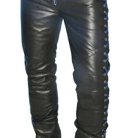 Mens Black Leather Pant Side Laces Pant Biker Motorcycle Trousers Motorbike - Ornate Impact