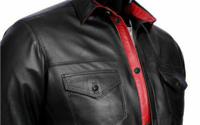 Genuine Black Mens Leather Shirt Full Sleeves Shirt Police Style Black Leather Shirt BLUF GAY