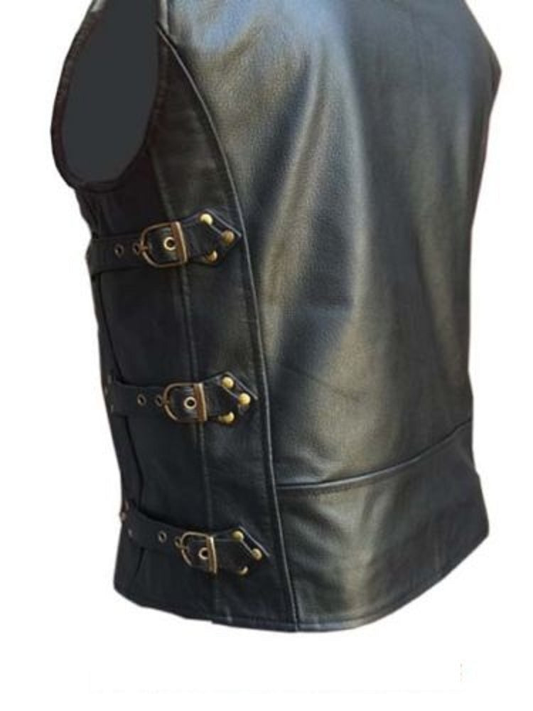 Mens Black Leather Vest Biker Motorbike Vest Motorcycle Vest Waistcoat - Ornate Impact