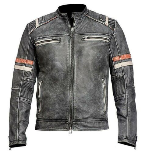 Mens Pure Leather Biker Jacket Motorcycle Tanned Jacket Motorbike Leather Moto Jacket