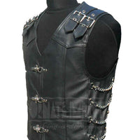 Mens Black Leather Vest Biker Chain Vest / Waistcoat Motorcycle - Ornate Impact