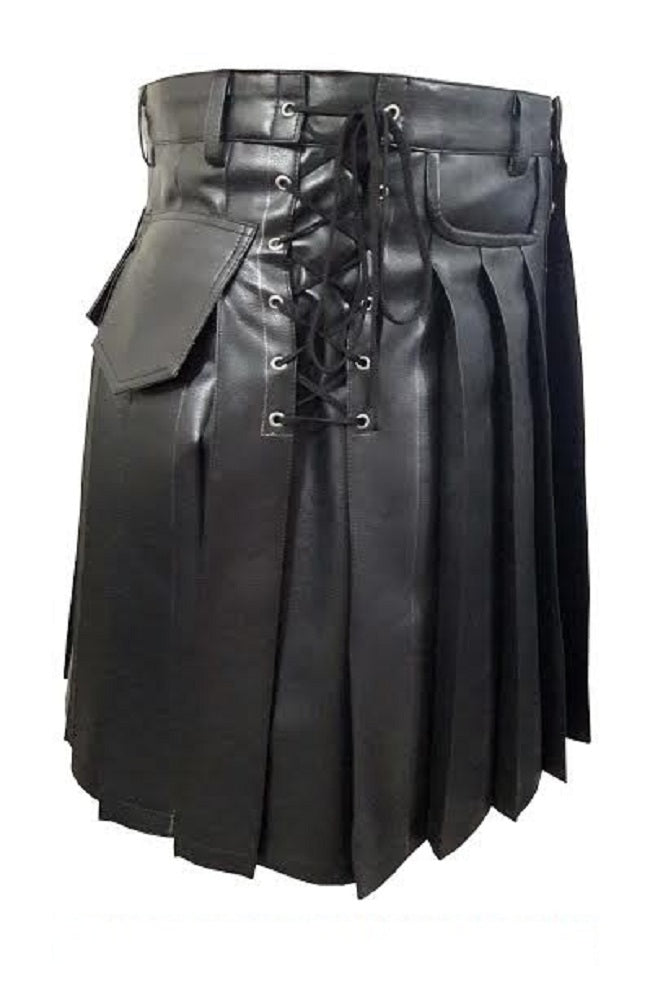 Mens Black Leather Traditional Kilt Utility Tartan Scottish Kilt Halloween Costume LARP - Ornate Impact