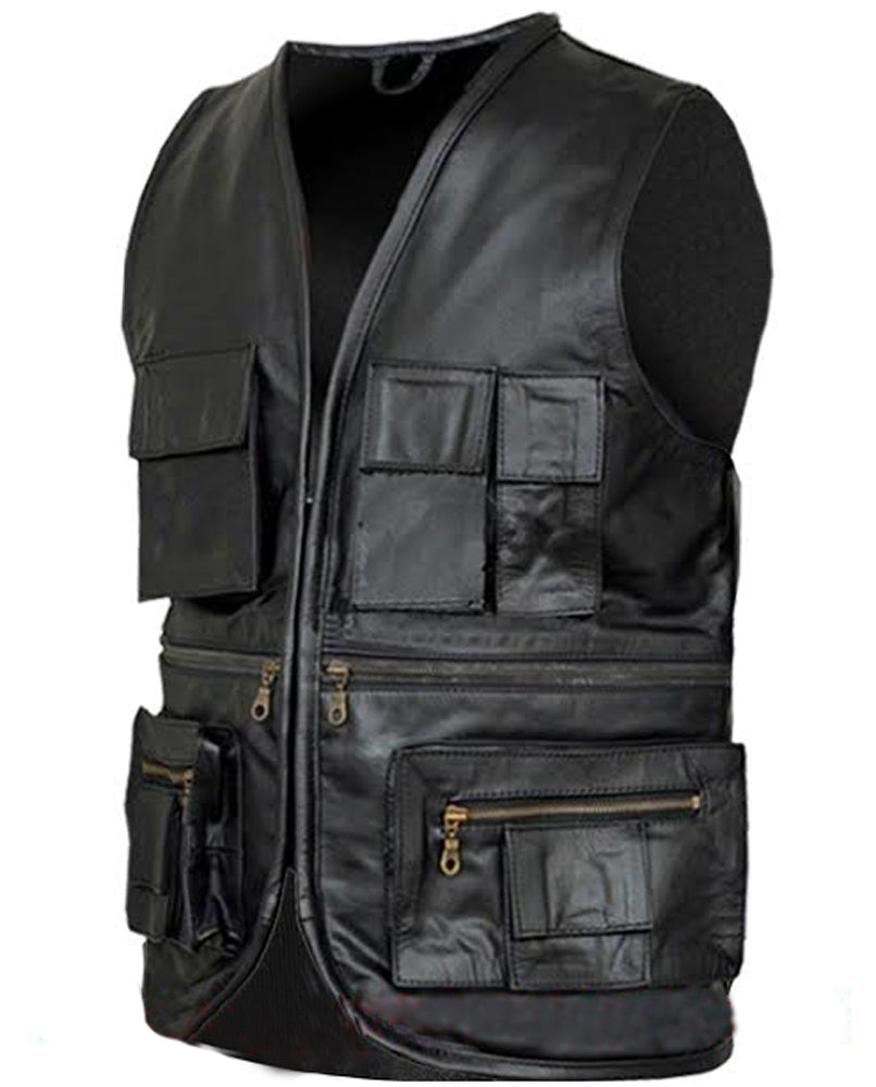 Mens Black Leather Vest Cargo Pocket Vest Motorcycle Trench Gothic Terminator Vest Waistcoat - Ornate Impact