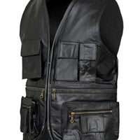 Mens Black Leather Vest Cargo Pocket Vest Motorcycle Trench Gothic Terminator Vest Waistcoat - Ornate Impact