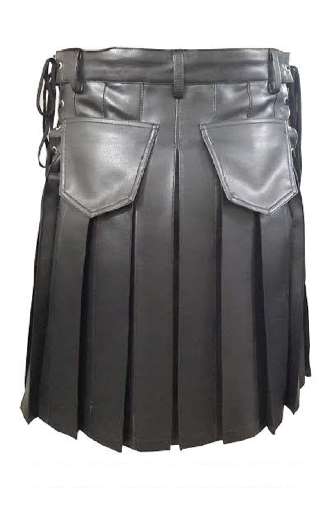 Mens Black Leather Traditional Kilt Utility Tartan Scottish Kilt Halloween Costume LARP - Ornate Impact