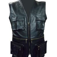 Mens Black Leather Vest Cargo Pocket Vest Motorcycle Trench Gothic Terminator Vest Waistcoat - Ornate Impact