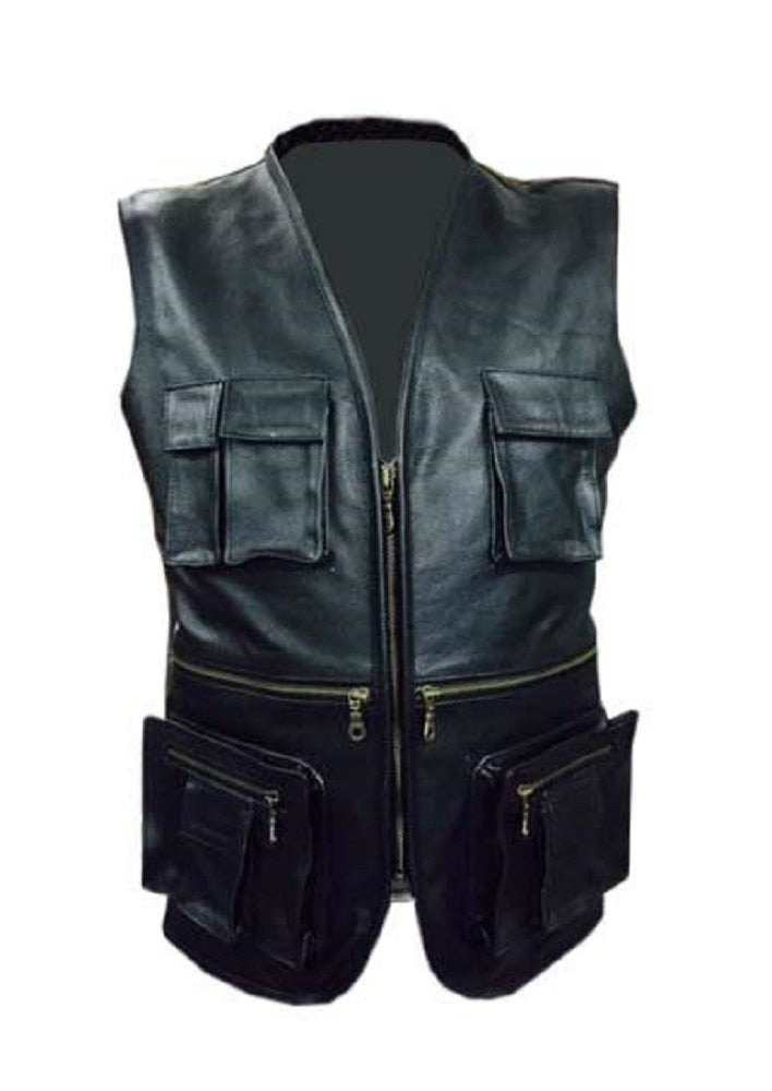 Mens Black Leather Vest Cargo Pocket Vest Motorcycle Trench Gothic Terminator Vest Waistcoat - Ornate Impact