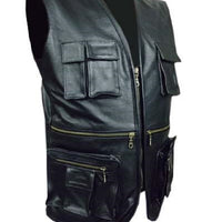 Mens Black Leather Vest Cargo Pocket Vest Motorcycle Trench Gothic Terminator Vest Waistcoat - Ornate Impact