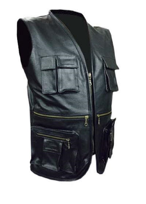 Mens Black Leather Vest Cargo Pocket Vest Motorcycle Trench Gothic Terminator Vest Waistcoat - Ornate Impact