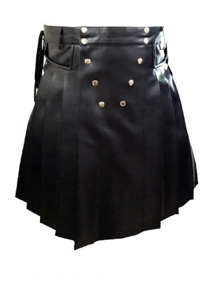 Mens Black Leather Traditional Kilt Utility Tartan Scottish Kilt Halloween Costume LARP - Ornate Impact