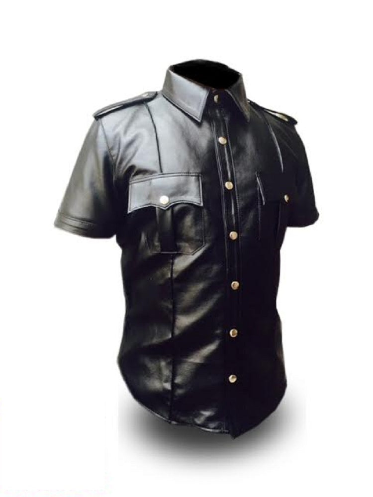 Mens Pure Black Leather Shirt Half Sleeves Police Style Uniform Shirt BLUF