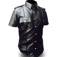 Mens Pure Black Leather Shirt Half Sleeves Police Style Uniform Shirt BLUF