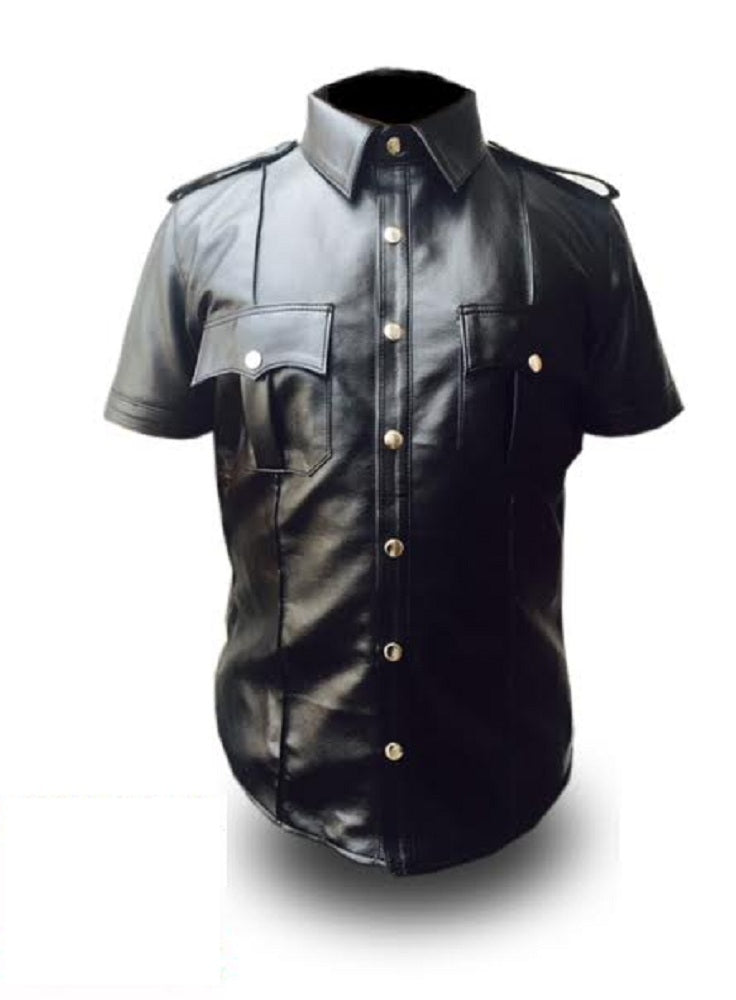 Mens Pure Black Leather Shirt Half Sleeves Police Style Uniform Shirt BLUF