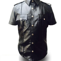 Mens Pure Black Leather Shirt Half Sleeves Police Style Uniform Shirt BLUF