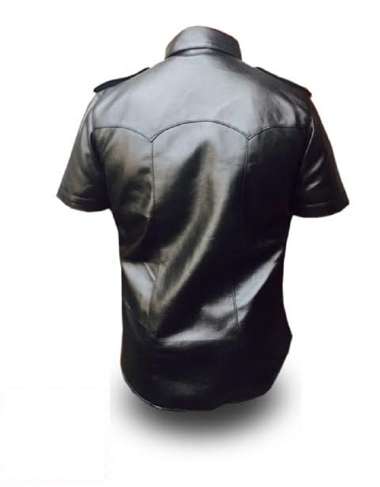 Mens Pure Black Leather Shirt Half Sleeves Police Style Uniform Shirt BLUF