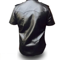 Mens Pure Black Leather Shirt Half Sleeves Police Style Uniform Shirt BLUF