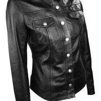 Black Leather Shirt Women Full Sleeves Black Shirt Biker Motorbike BLUF