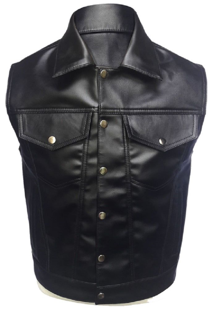 Mens Pure Black Leather Vest Biker Motorbike Vest Motorcycle Vest Waistcoat