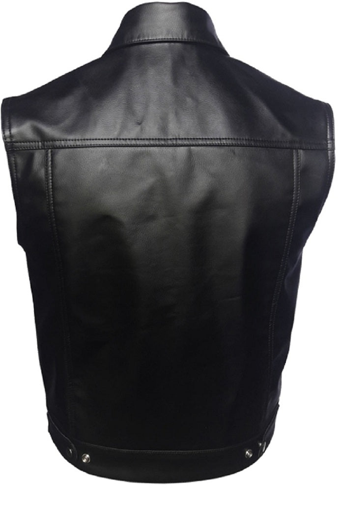 Mens Pure Black Leather Vest Biker Motorbike Vest Motorcycle Vest Waistcoat